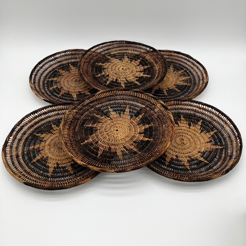 Vintage Woven Rattan Plate Chargers 12 Inch Brown Sunburst Wall Decor Set of 6